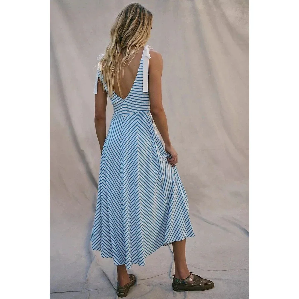 Free People Free-est Cecelia Midi Dress Striped Printed Smocked Cotton XS 287156
